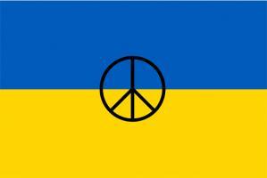 Fahne Ukraine mit Antiatomwaffensignet